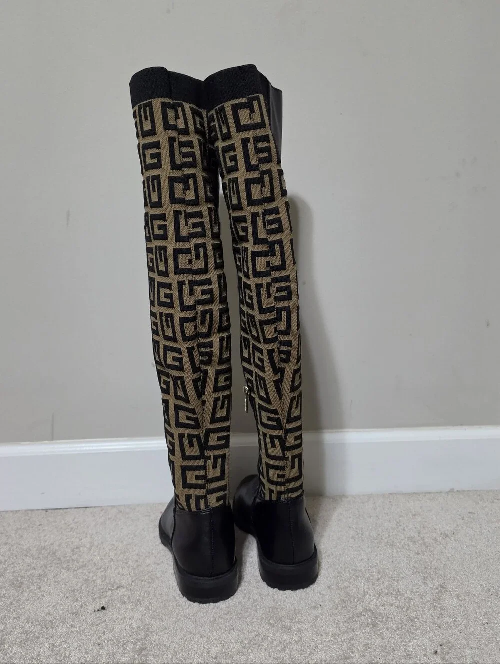 Guess Over the Knee Boots Black Tan Monogram Logo Size 9.5